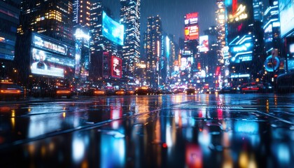 Fototapeta premium Vibrant night scene of a city with neon lights reflecting on wet pavement.
