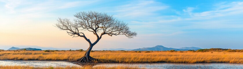 Fototapeta premium Dying tree in a polluted meadow, symbol of ecosystem imbalance