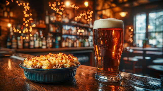 Perfectly served beer alongside delicious shepherd's pie in a cozy pub setting during evening hours