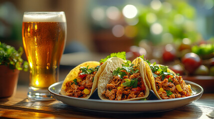 Enjoying pulled pork tacos with a refreshing beer at a lively outdoor gathering in the late afternoon