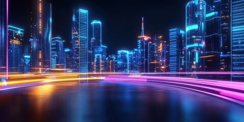Obraz premium Futuristic city skyline with vibrant neon lights and a dynamic atmosphere.