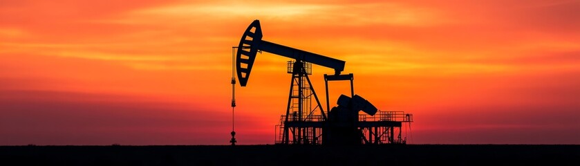 Obraz premium Abandoned oil rig silhouetted against red sky, energy relic, past exploitation remains