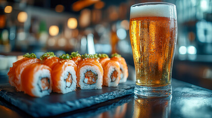 Enjoying sushi rolls paired with a cold beer in a vibrant restaurant setting at night