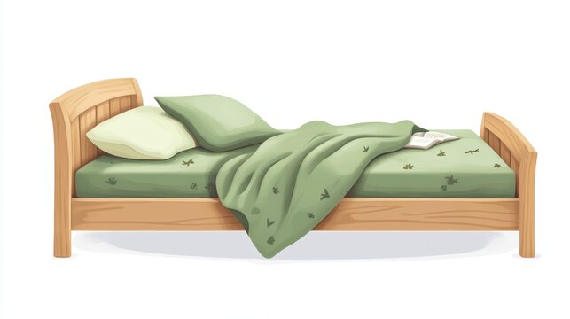 Wood Bed With Green Blanket/
Illustration of a cartoon wooden children bed for boys and girls with pillows and green blanket