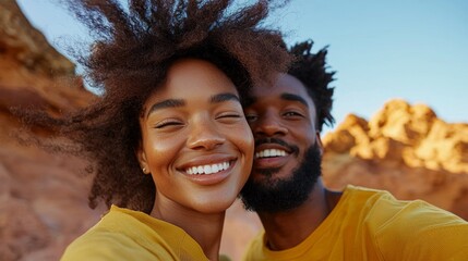"A couple sharing a joyful moment outdoors at sunset."