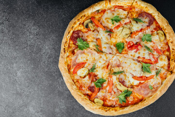 Delicious freshly baked pizza topped with cheese and assorted ingredients