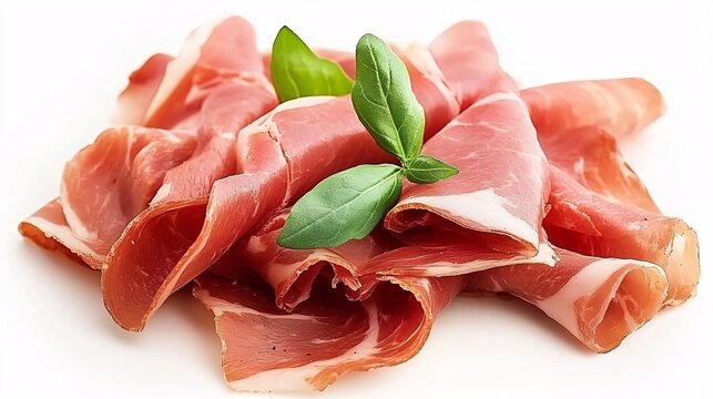 Slices of prosciutto crudo with basil leaves resting on white background