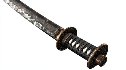 A detailed view of an ancient sword showcasing its craftsmanship. The blade glistens with historical significance. This tool of warriors tells stories of the past. Generative AI