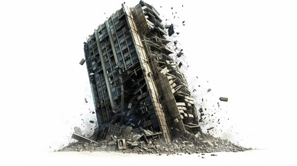 A large building is destroyed, with rubble and debris scattered everywhere. The scene is chaotic and violent, with the building collapsing and the ground shaking
