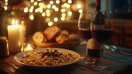 romantic valentine table setting with pasta plate bread and candlelight surrounded by bokeh lights for dinner date celebration ambiance