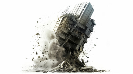 A large building is destroyed, with rubble and debris scattered everywhere. The scene is chaotic and violent, with the building collapsing and the ground shaking