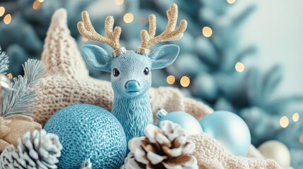 Creative composition with Cerulean deer and Christmas decorations in pastel colors. Flat lay, minimalism
