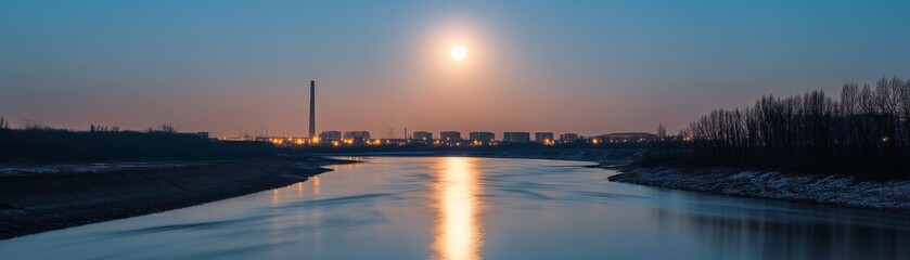 Factory effluents entering river under moonlight, night pollution visual, surreal decay