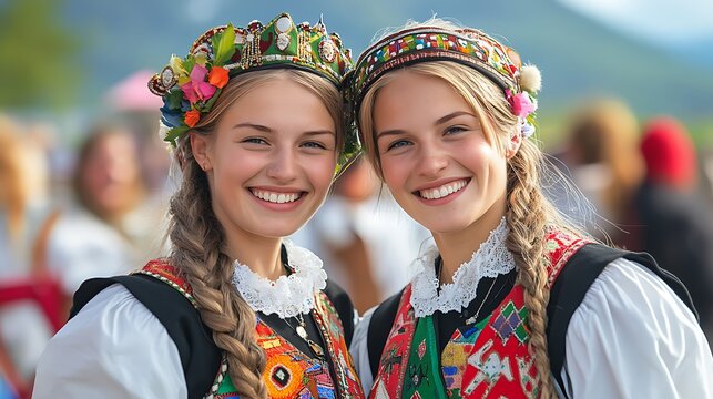 traditional fashion and heritage event with norwegian women in folk dress at cultural celebration with strong sense of community pride outdoors