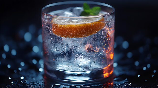 A close up of a refreshing cocktail glass with ice cubes and an orange slice on a dark reflective surface under moody bar lighting at night