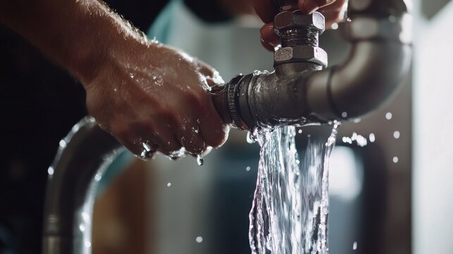 Plumber repairing a burst water pipe in a basement. Featuring plumbing and emergency repairs