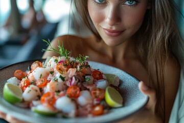 Young woman with long brown hair, green eyes, holding plate of Ceviche a la Mixta, vibrant mixed seafood ceviche. Concept of beauty, health, and Ceviche a la Mixta.