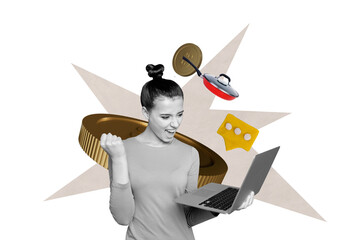 Creative image collage happy energetic girl celebrate success investor trader rich money golden coins laptop remote work