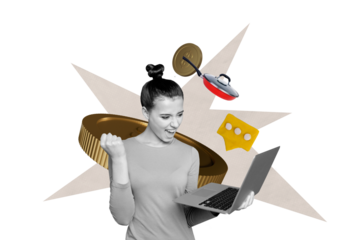 Creative image collage happy energetic girl celebrate success investor trader rich money golden coins laptop remote work