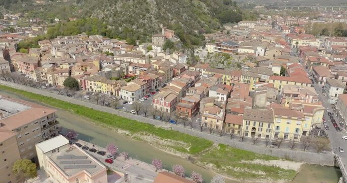 Aerial view of the historic center of Sora, built on the banks of the Liri river. It is a town in Lazio, Italy, in the province of Frosinone.