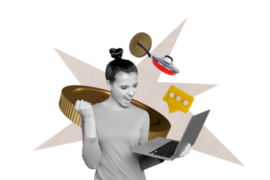 Creative image collage happy energetic girl celebrate success investor trader rich money golden coins laptop remote work