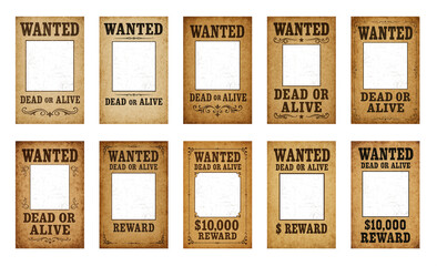 Collection of 'Wanted Dead or Alive' vintage posters. Retro 1865 to 1900 time period wanted poster. Transparent background PNG cutout. With subtle aged texture in the hole for when face is added.