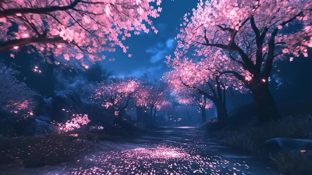 A magical spring night with glowing sakura trees