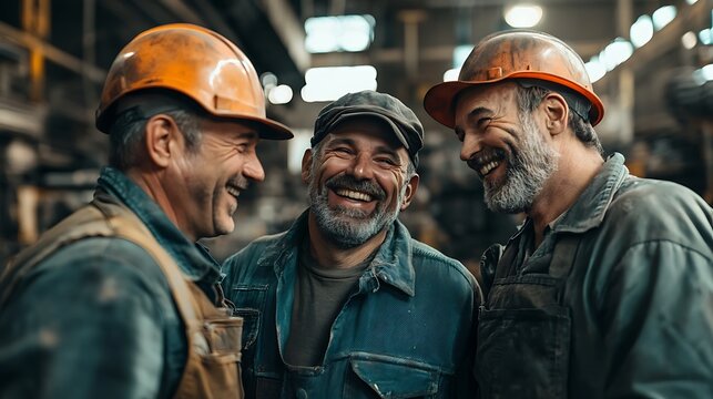 trio of jovial mechanics sharing a hearty laugh on the factory floor surrounded by industrial equipment teamwork spirit and a warm professional atmosphere