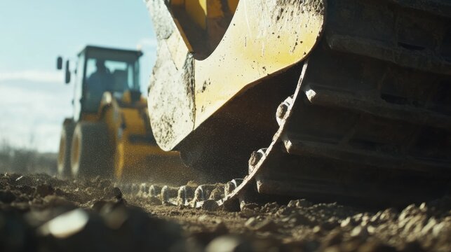 Construction worker operating a bulldozer on site. Featuring heavy machinery operation and earthmoving