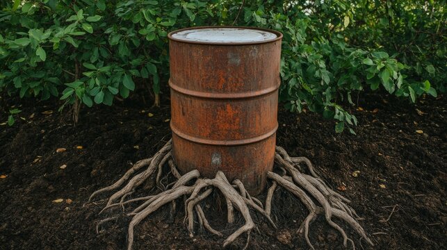 Tree roots growing over abandoned oil drum, nature fighting back, hopeful exploitation scene