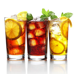 Refreshing iced tea drinks with lemon and mint garnish shots  isolated on transparent  background