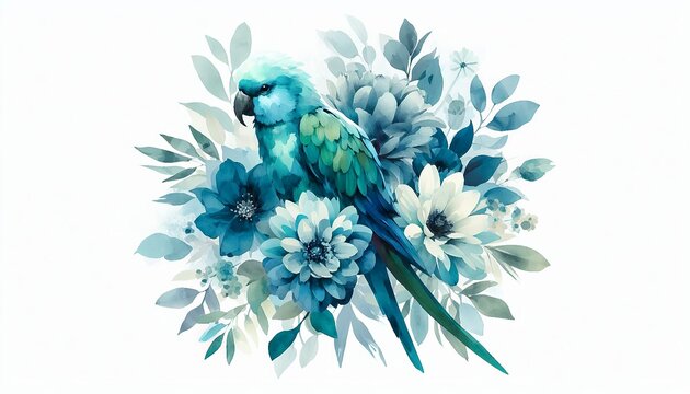 Loro azul con flores estilo acuarela