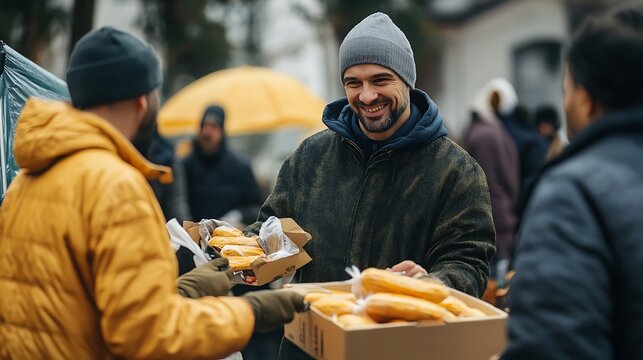 community volunteers sharing meals with homeless people, highlighting compassion human kindness social care and charitable support in a hopeful public setting
