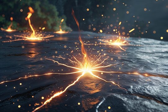 Luminous Firebolts with Shimmering Reflections on Dark Surfaces
