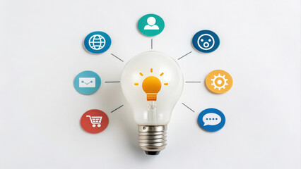 A light bulb icon surrounded by various symbols representing ideas, communication, and technology, illustrating concepts of innovation and connectivity.
