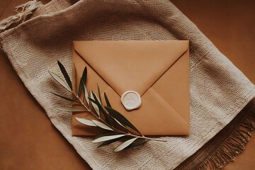 Elegant Tan Leather Envelope with Olive Branch and Wax Seal