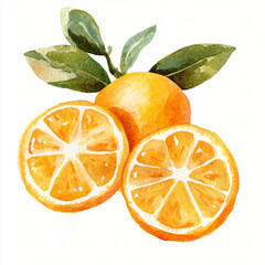A watercolor sliced Kumquat painting illustration isolated on a white background, sliced Kumquat branch painting illustration, Ai © Zizak
