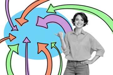 Composite photo collage of happy pretty girl point gesture index finger arrow statistics achievement isolated on painted background