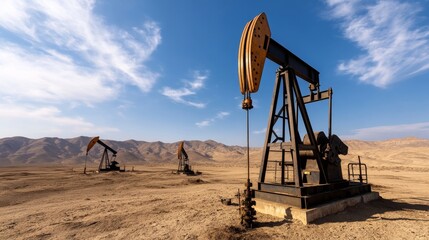 Fototapeta premium Oil pump jacks scattered in desert landscape, fossil fuel extraction, environmental trade-off