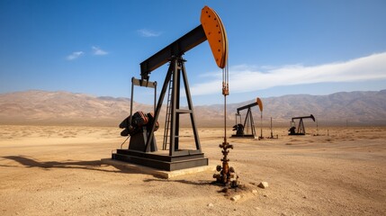 Oil pump jacks scattered in desert landscape, fossil fuel extraction, environmental trade-off