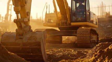 Construction worker operating an excavator. Featuring excavator operation and heavy machinery