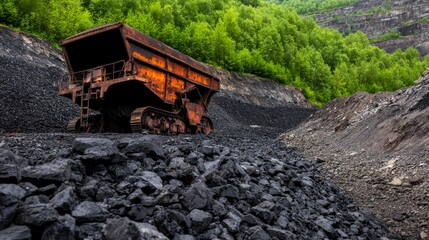Abandoned coal mine with rusty equipment, post-industrial decay, environmental impact