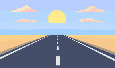 Endless Open Road to Horizon at Sunset in Minimalist Vector Style for Travel Inspiration