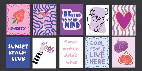 Graphic food icons and ingredients in modern style. Trendy wall decor for culinary spaces.