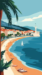 Retro Travel Poster of Nice, France: French Riviera Illustration, Vintage Vector Art