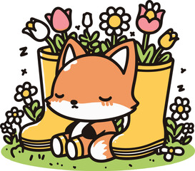 Fox Cub in a Rainboot Garden. Cartoon Illustration.