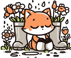 Fox Cub in a Rainboot Garden. Cartoon Illustration.
