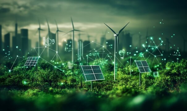 A conceptual image showcasing the integration of green energy solutions and sustainable power engineering, with symbols like wind turbines, solar panels, and eco-friendly