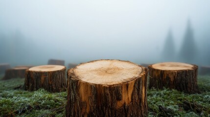 Tree stumps in foggy clearing, illegal deforestation, haunting landscape