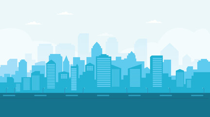 Naklejka premium Modern City Skyline Vector with Road and Street Lights - Urban Cityscape Illustration